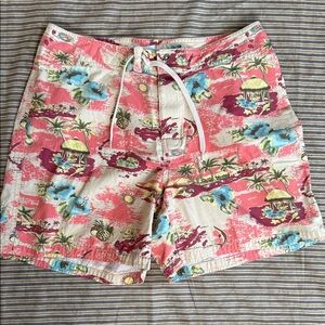 Old Navy Hawaiian Board Shorts Mens Pink Tropical Postcard Print Size 2
